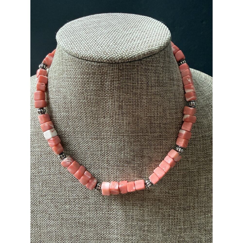 Vintage Pink Coral Salmon Necklace Cube Beads Beaded Silver Tone Toggle Coastal